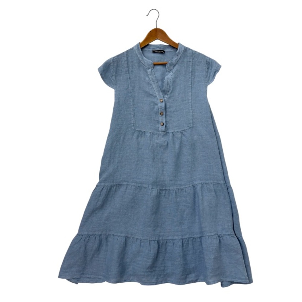 Francesca Bettini Light Blue Tiered Linen Cap Sleeve Dress